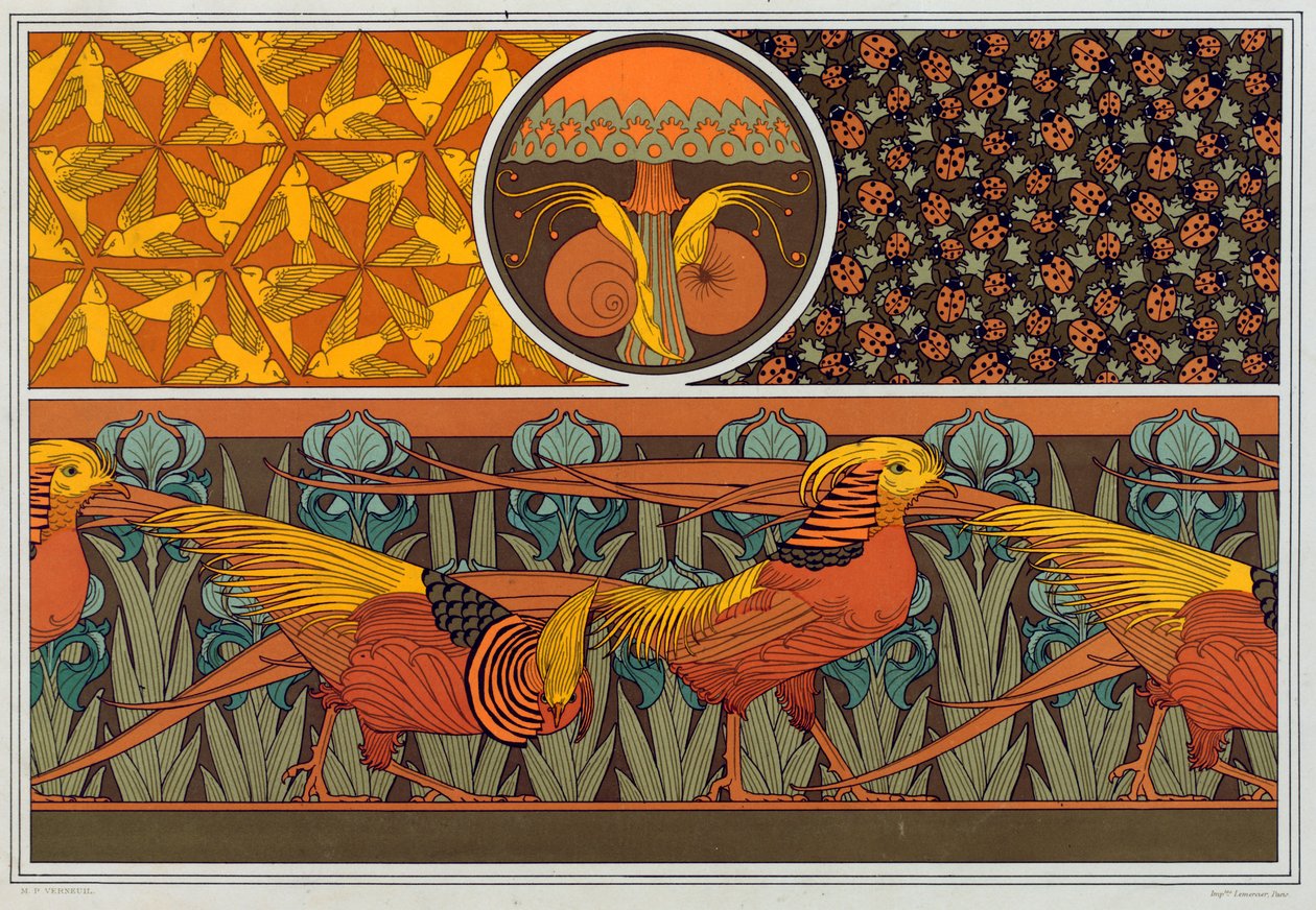 Diseños para borde de papel tapiz y tela: Pájaros, mariquitas y helecho de cabello de doncella, pub. 1897 de Maurice Pillard Verneuil