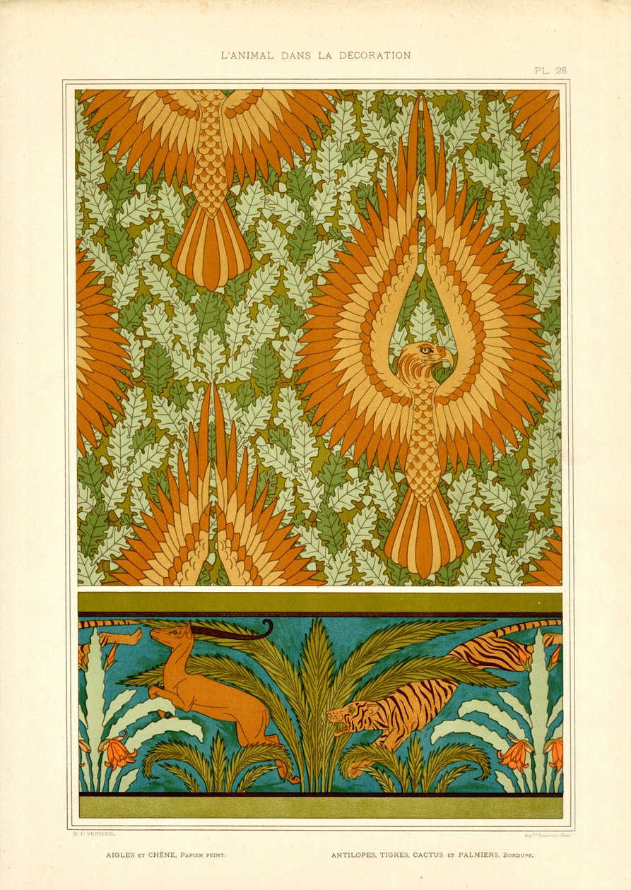 Águilas y fauna exótica en Art Nouveau (litografía) de Maurice Pillard Verneuil