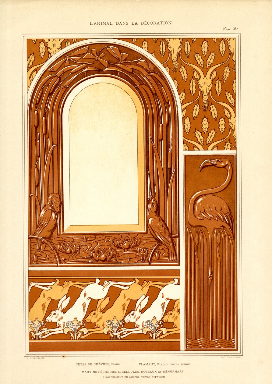 Marco ornamental con aves acuáticas y liebres (litografía) de Maurice Pillard Verneuil