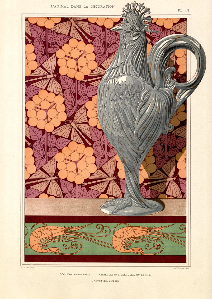 Jarrón en forma de gallo con flores umbeladas y dibujo de gambas (litografía) de Maurice Pillard Verneuil