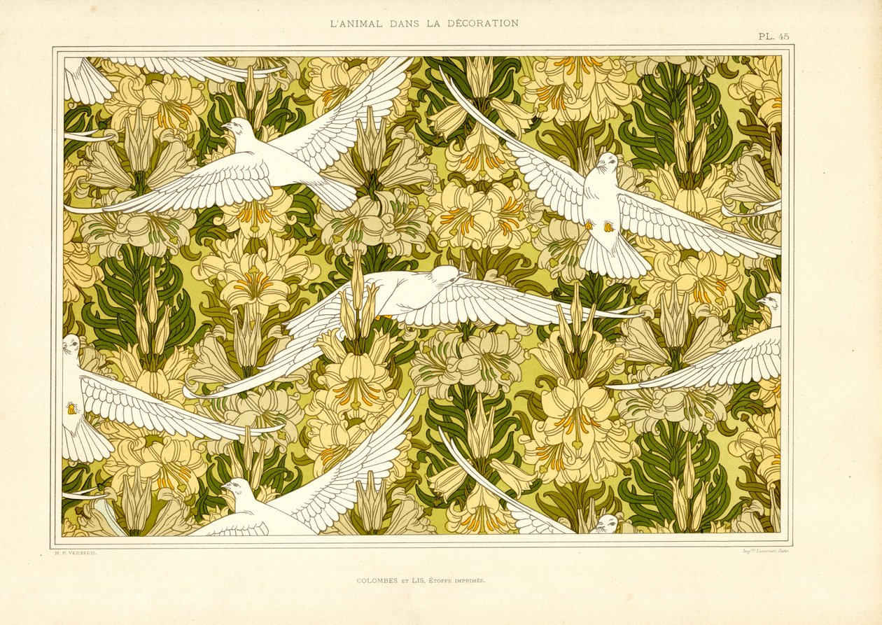 Patrón textil con palomas blancas y lirios (litografía) de Maurice Pillard Verneuil