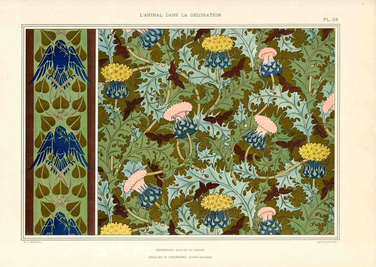 Ornamentación de cardos con insectos y cuervos (litografía) de Maurice Pillard Verneuil
