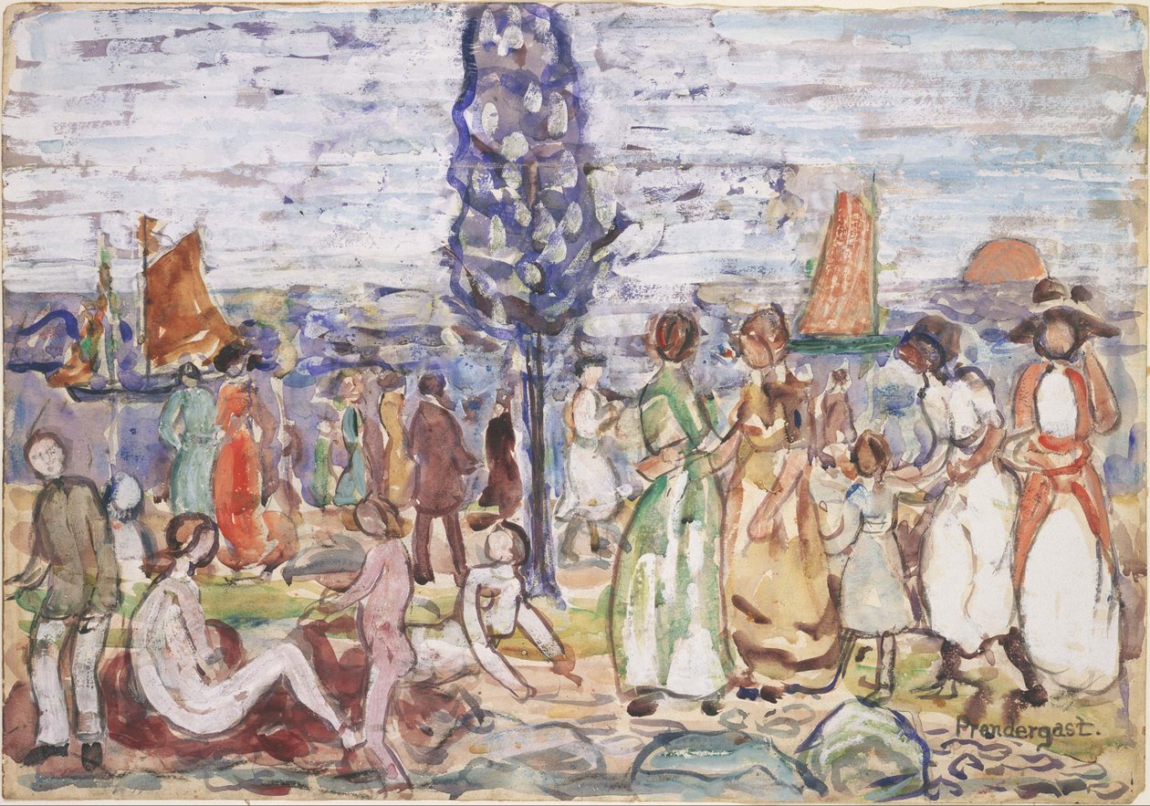Playa con un árbol azul de Maurice Prendergast