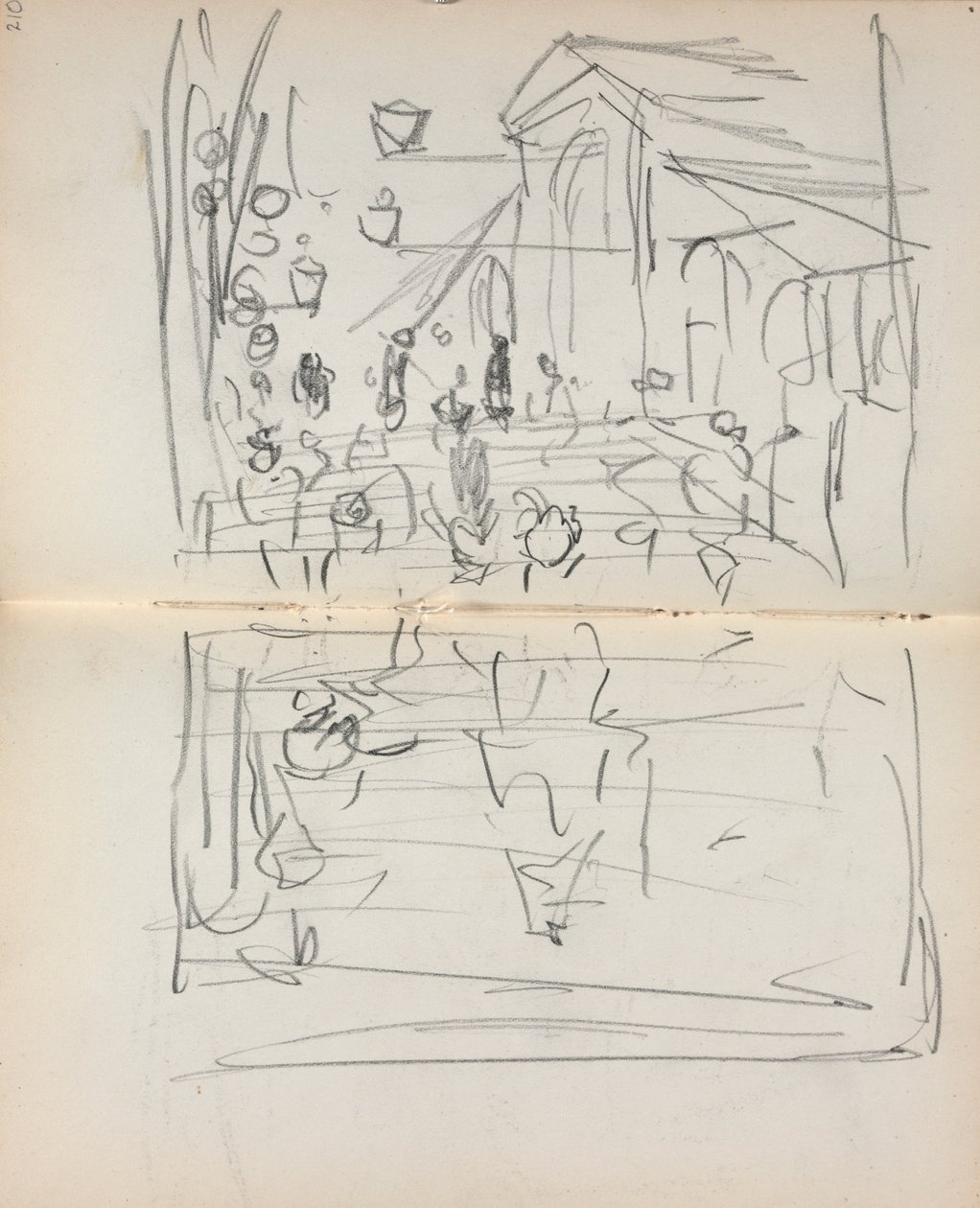 Cuaderno de bocetos italiano: Puente con figuras (páginas 209 y 210) de Maurice Prendergast