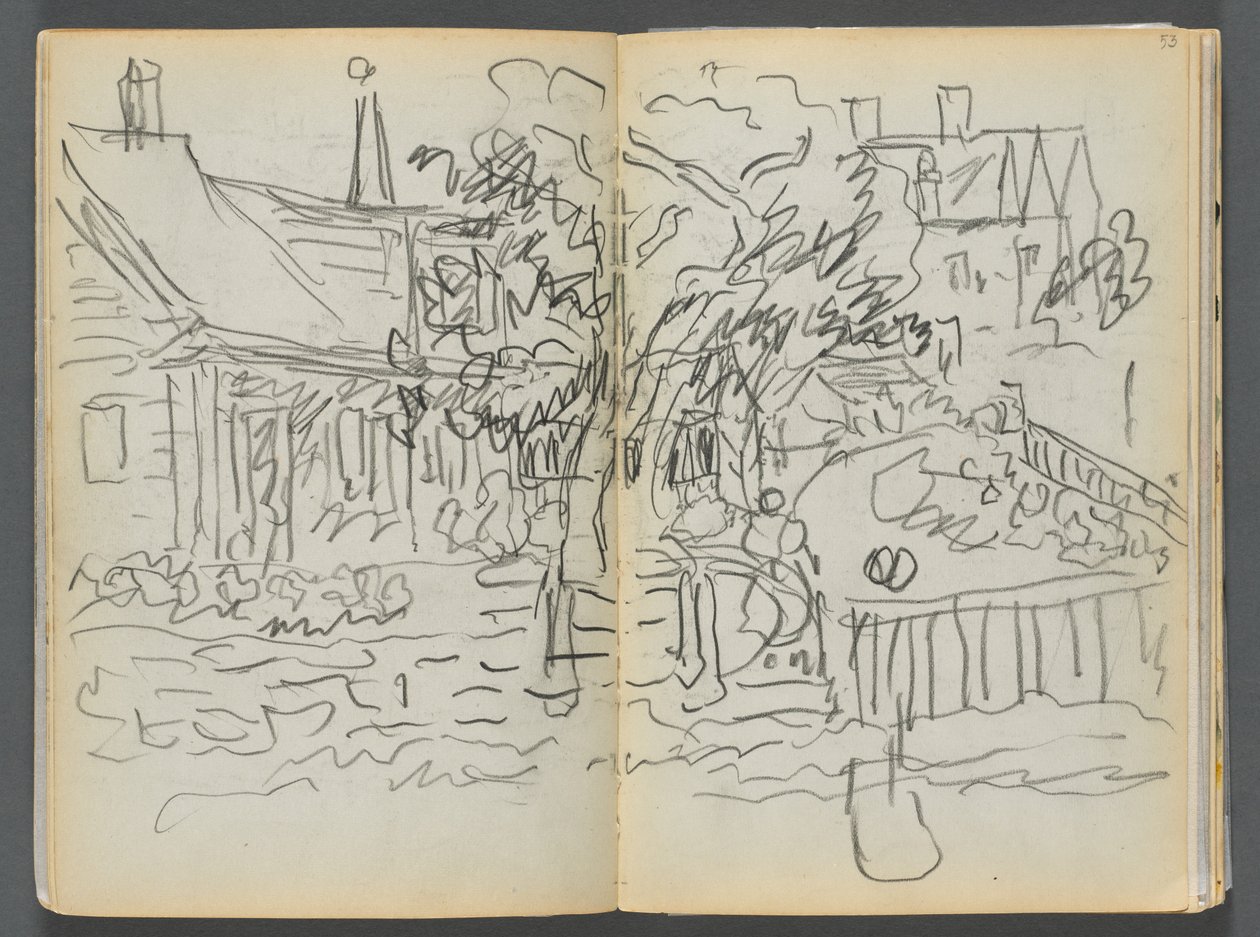 Libro de bocetos- The Granite Shore Hotel, Rockport, página 052 y 53: Casas y jardines de Maurice Prendergast