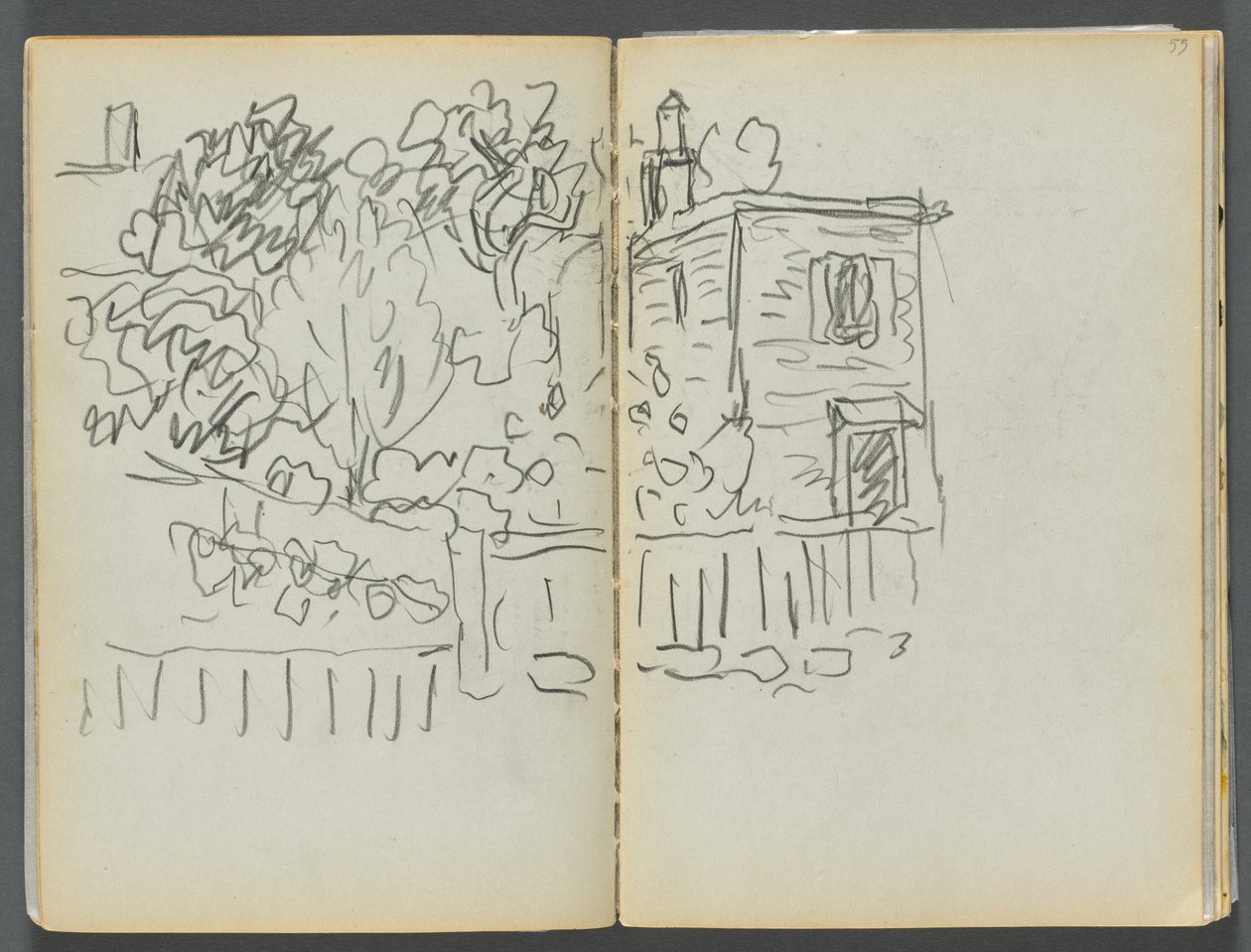 Libro de bocetos- The Granite Shore Hotel, Rockport, página 054 y 55: Casa y jardín vallado de Maurice Prendergast