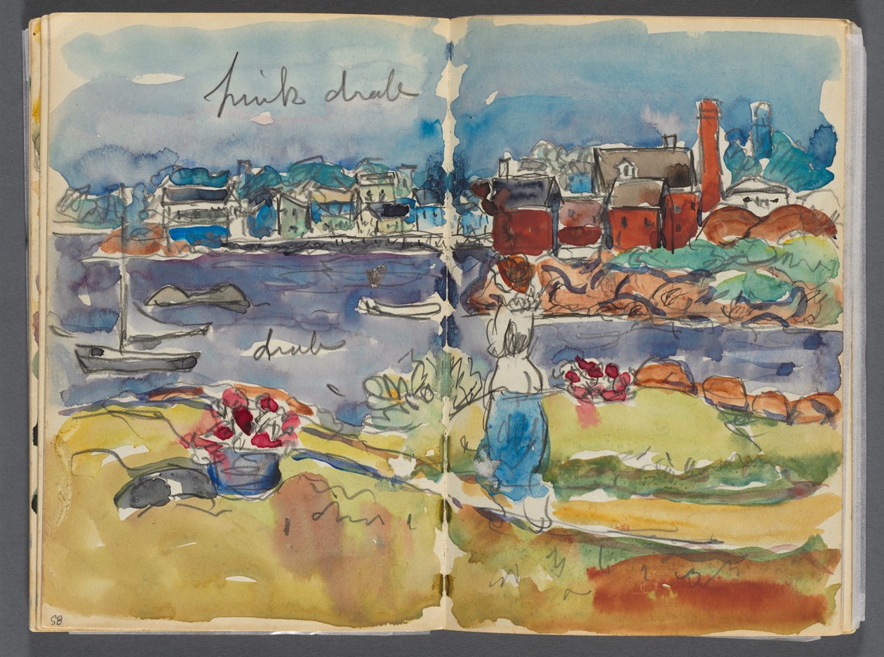 Libro de bocetos - The Granite Shore Hotel, Rockport, página 084 y 85: Vista del puerto con anotaciones en color de Maurice Prendergast