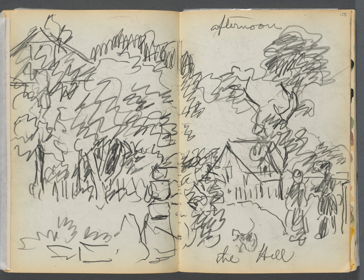 Sketchbook- The Granite Shore Hotel, Rockport, página 104- 105: "Tarde , la colina" de Maurice Prendergast