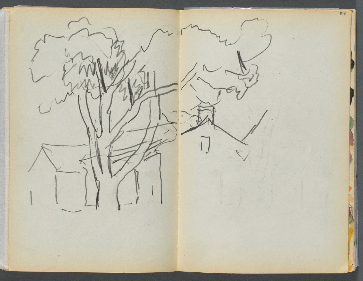 Libro de bocetos- The Granite Shore Hotel, Rockport, páginas 106 y 107: Árbol con casas de Maurice Prendergast