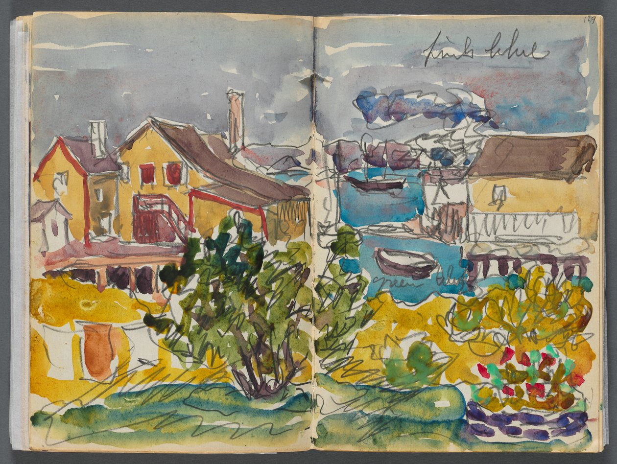 Libro de bocetos- The Granite Shore Hotel, Rockport, páginas 128 y 129: Casas en el puerto de Maurice Prendergast