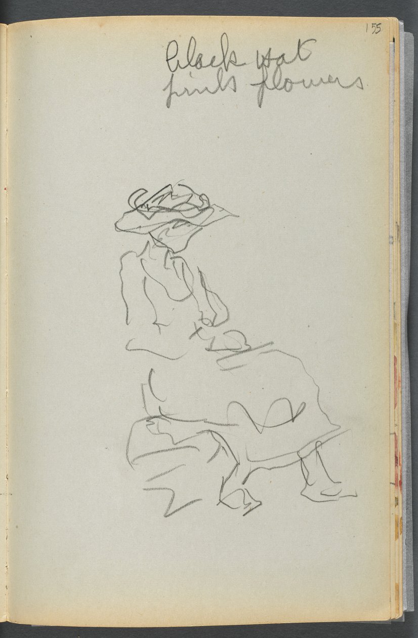 Sketchbook- The Granite Shore Hotel, Rockport, página 155: Mujer sentada con notas de Maurice Prendergast