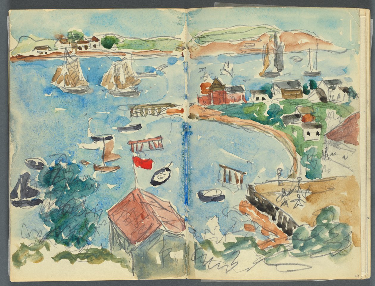 Cuaderno de bocetos, The Dells, n.º 127, páginas 048 y 49: Vista de una cala desde arriba de Maurice Prendergast