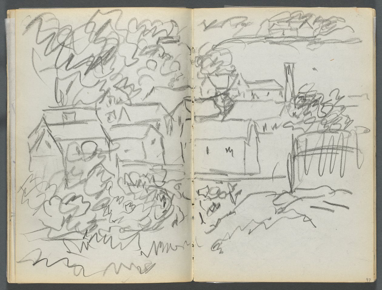Cuaderno de bocetos, The Dells, N° 127, página 096  97: Paisaje con casas de Maurice Prendergast