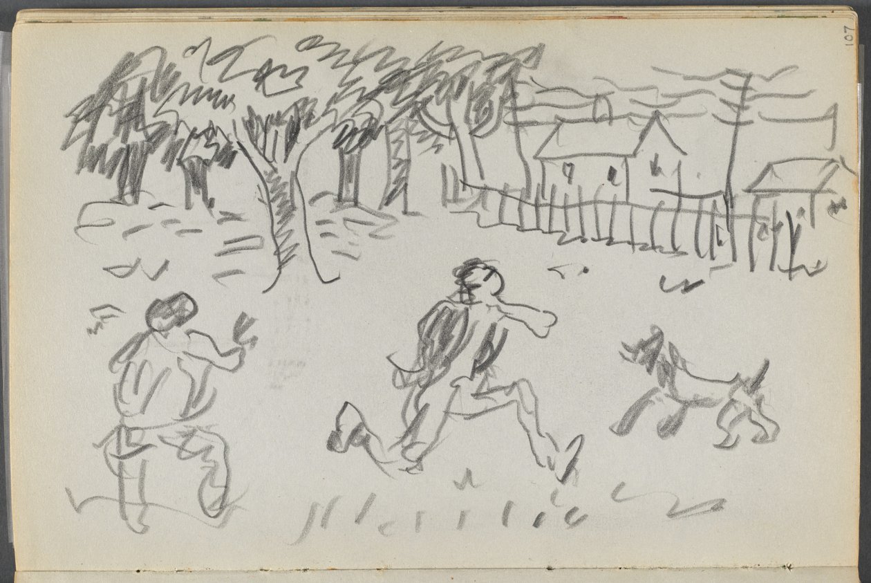 Cuaderno de bocetos, The Dells, N° 127, página 107: Paisaje con figuras y perro de Maurice Prendergast