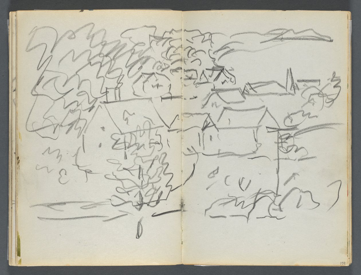 Cuaderno de bocetos, The Dells, N° 127, página 108 y 109: Paisaje con casas de Maurice Prendergast
