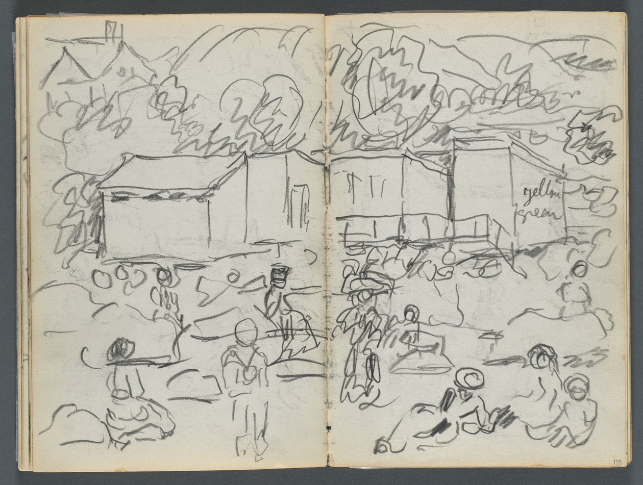 Cuaderno de bocetos, The Dells, N° 127, página 114 y 115: Paisaje con figuras y edificios de Maurice Prendergast