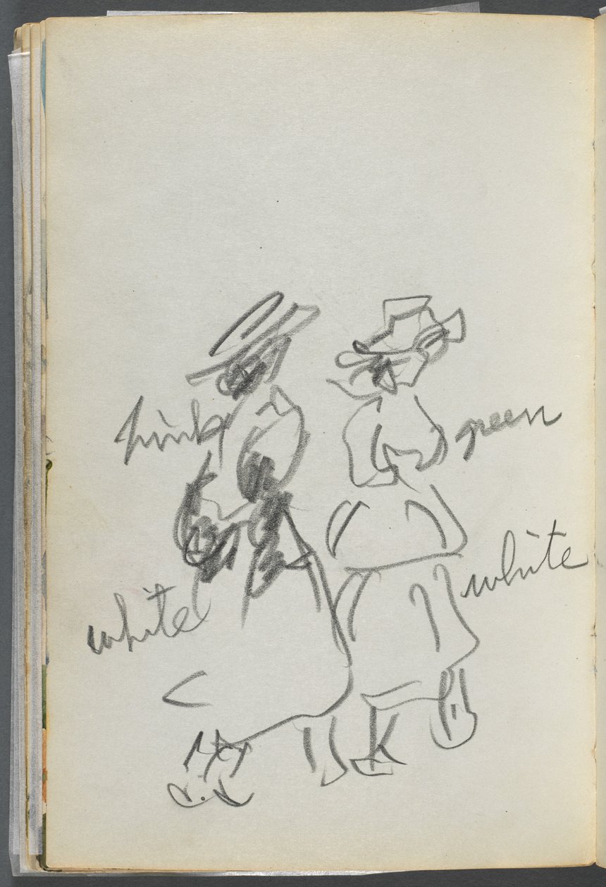 Cuaderno de bocetos, The Dells, N° 127, página 144: Dos figuras caminando con anotaciones en color de Maurice Prendergast