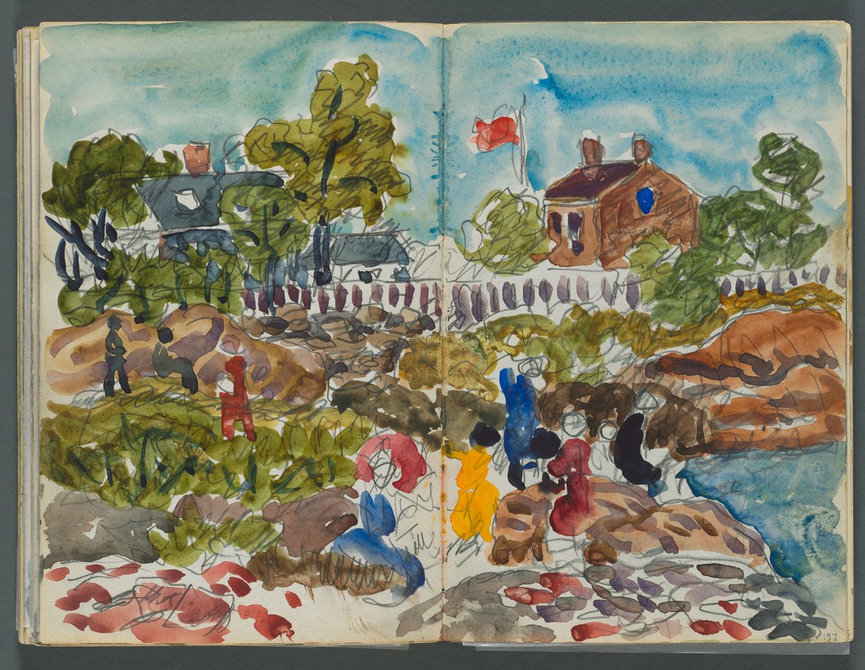 Skizzenbuch, The Dells, Nr. 127, Seite 156 & 157: Küstenlandschaft mit Figuren de Maurice Prendergast