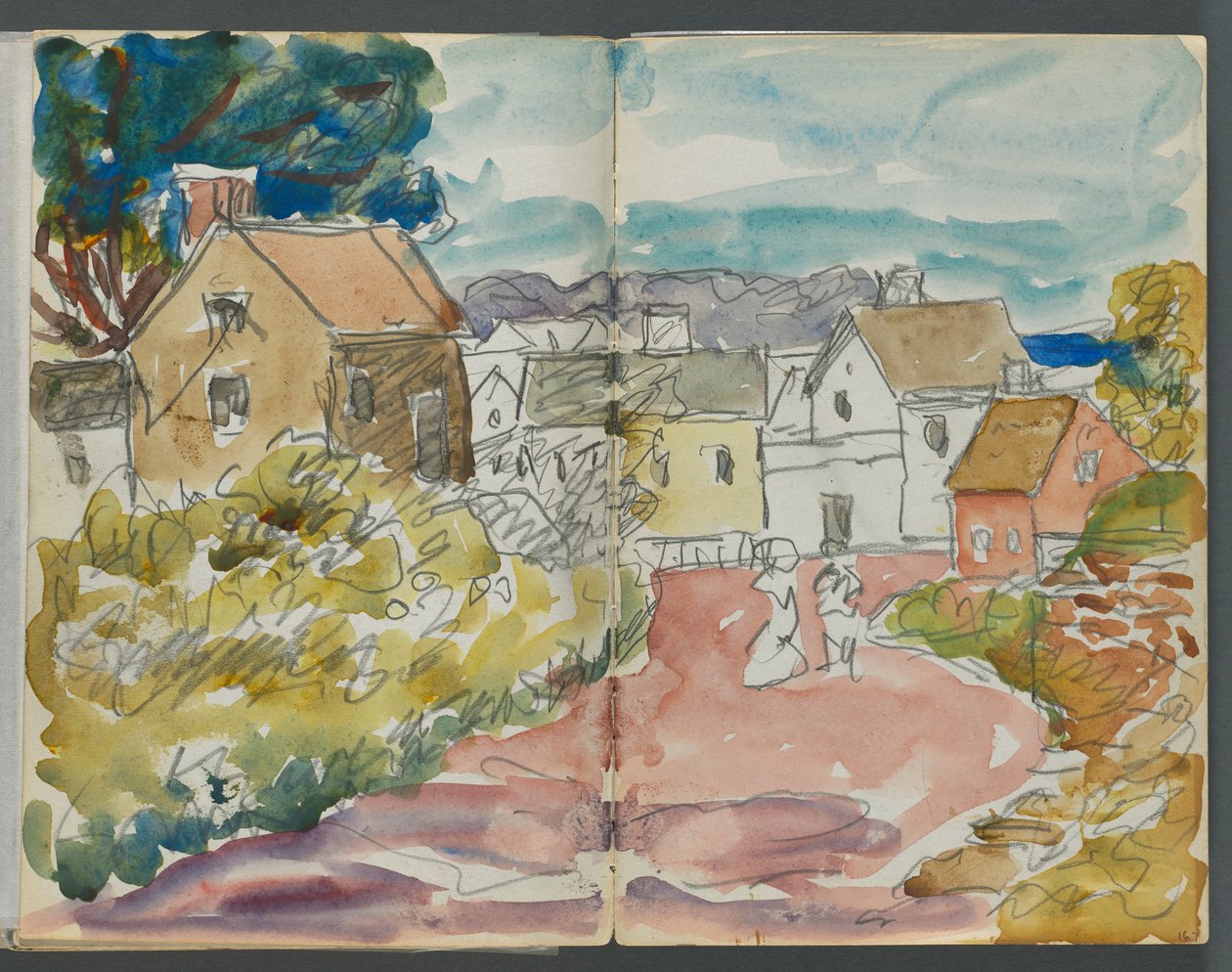 Cuaderno de bocetos, The Dells, n.º 127, páginas 166 y 167: Pueblo con casas y carretera de Maurice Prendergast