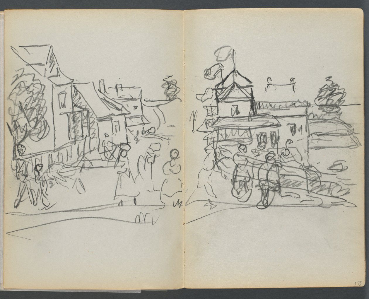 Cuaderno de bocetos, The Dells, N° 127, página 174 y 175: Pueblo con casas y carretera de Maurice Prendergast