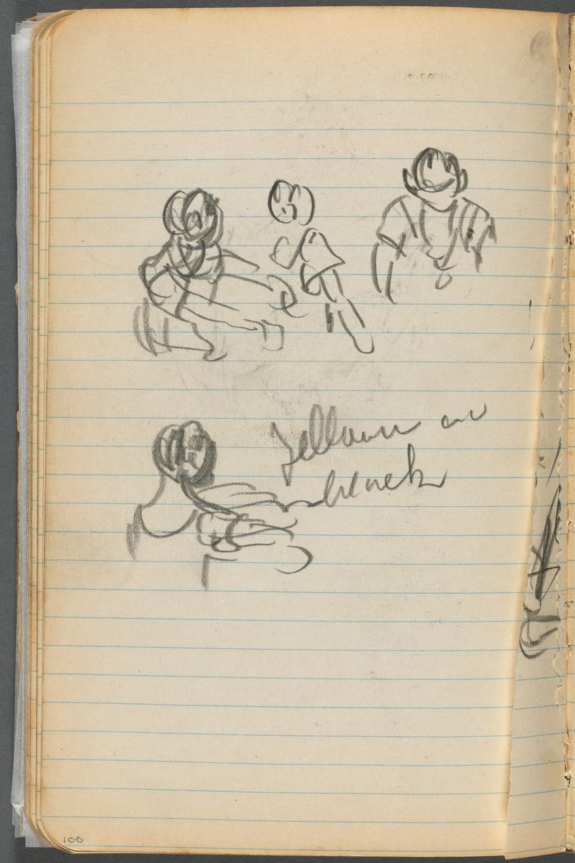 Cuaderno de bocetos, página 100: Figuras con notas de Maurice Prendergast