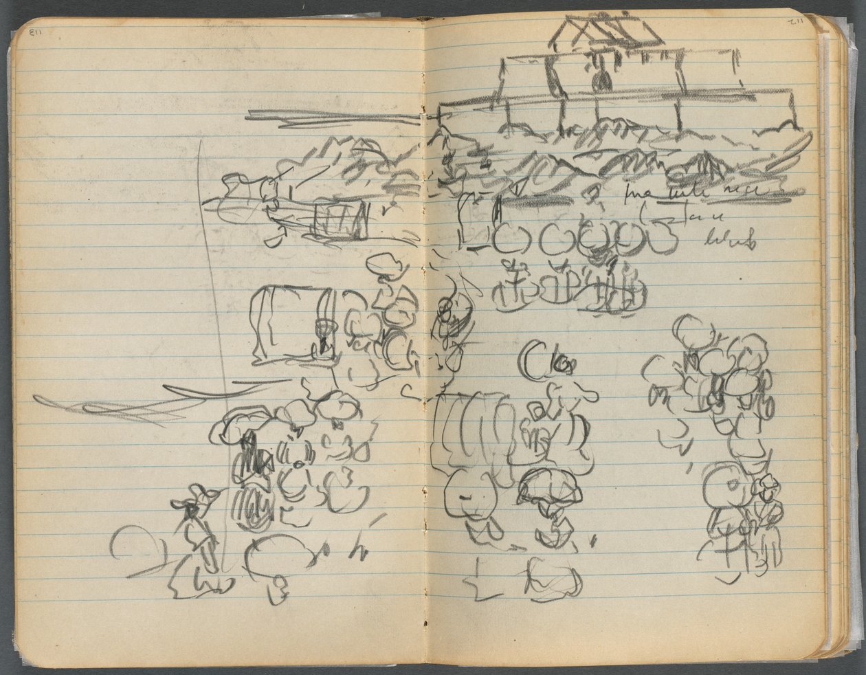 Cuaderno de bocetos, página 112 y 113: Vista de la playa de Maurice Prendergast