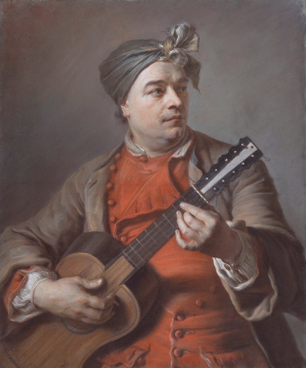 Retrato de Jacques Dumont Le Romain tocando la guitarra de Maurice Quentin de La Tour