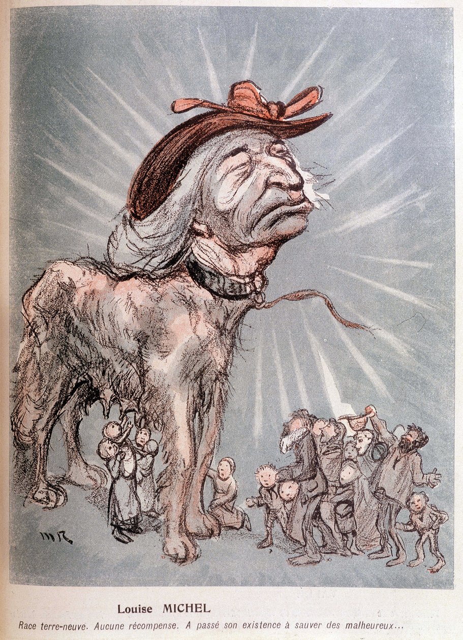 Caricatura de Louise Michel como un perro "raza terranova, sin recompensa, pasó su existencia salvando a los desafortunados" de Maurice Radiguet