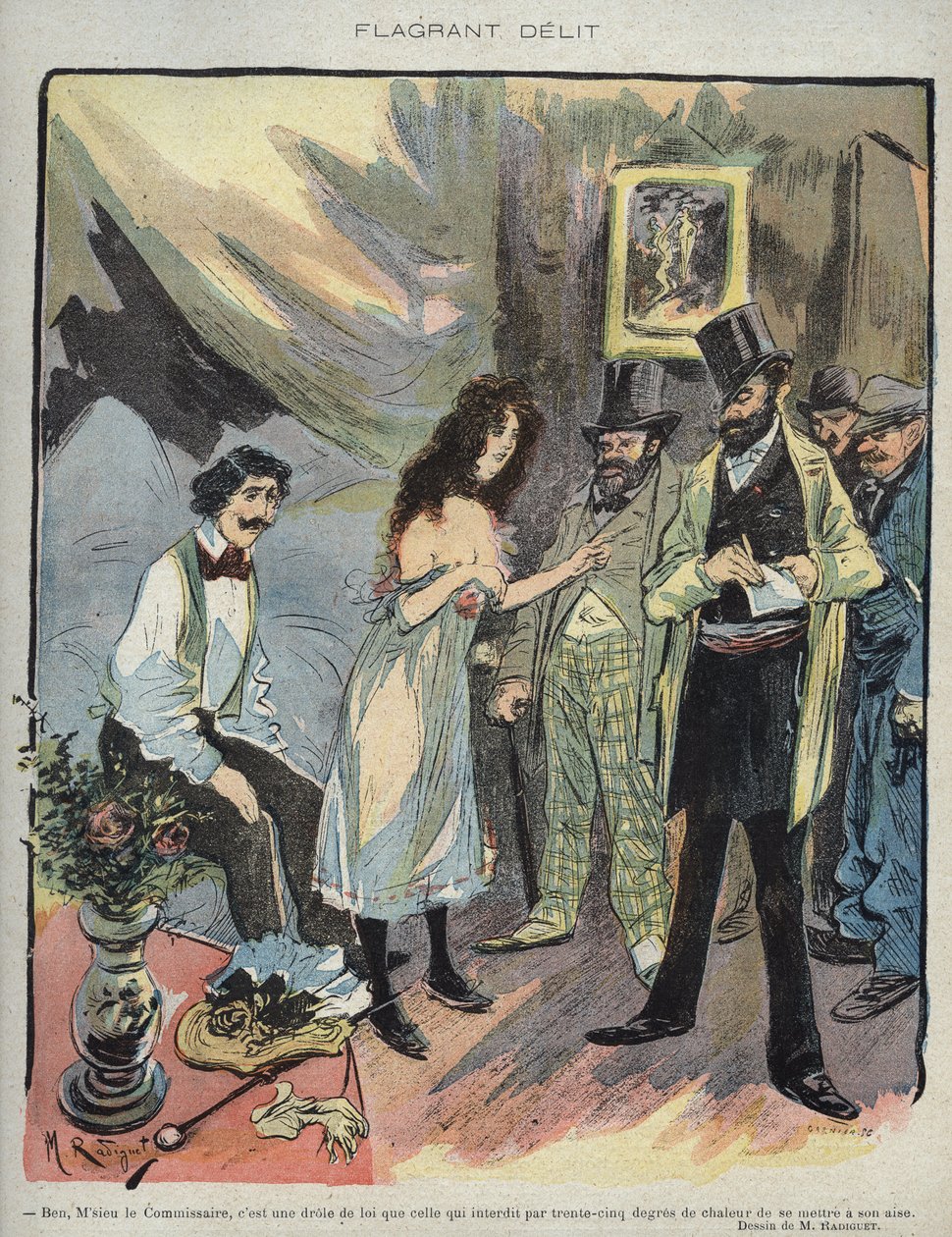 Ilustración de Maurice Radiguet (1866-1941) para la revista francesa “Le Rire” número 46 de 1895 - “Delito flagrante” - Bueno señor comisario, es una ley divertida que prohíbe a 35 grados de calor ponerse cómodo de Maurice Radiguet