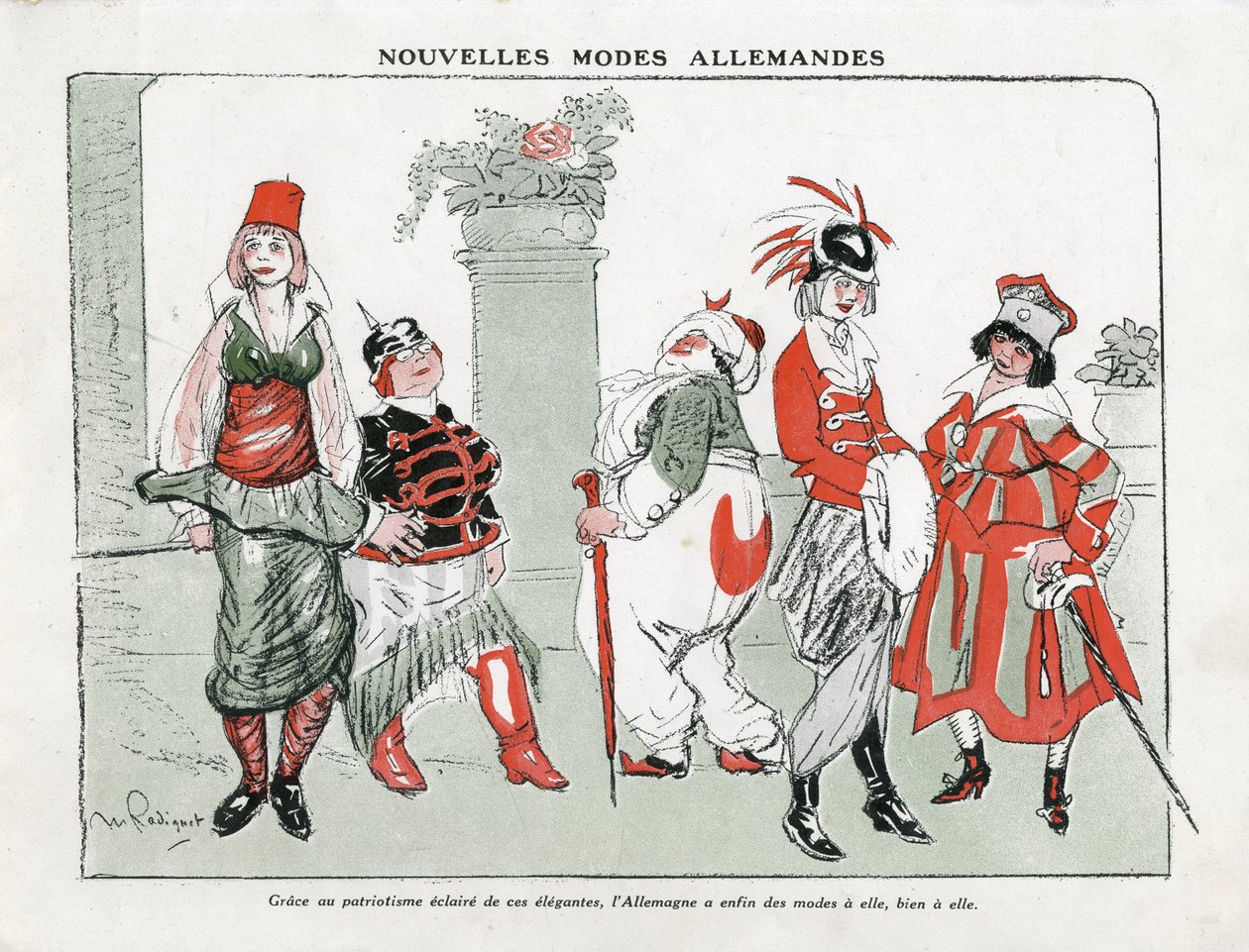 Ilustración de Maurice Radiguet (1866-1941) en Moda en Alemania, ca. 1915 - Nuevas Modas Alemanas - Guerra del 14-18, Alemania Prusia, Turquía, Moda, Triple Alianza - Mujeres de Maurice Radiguet