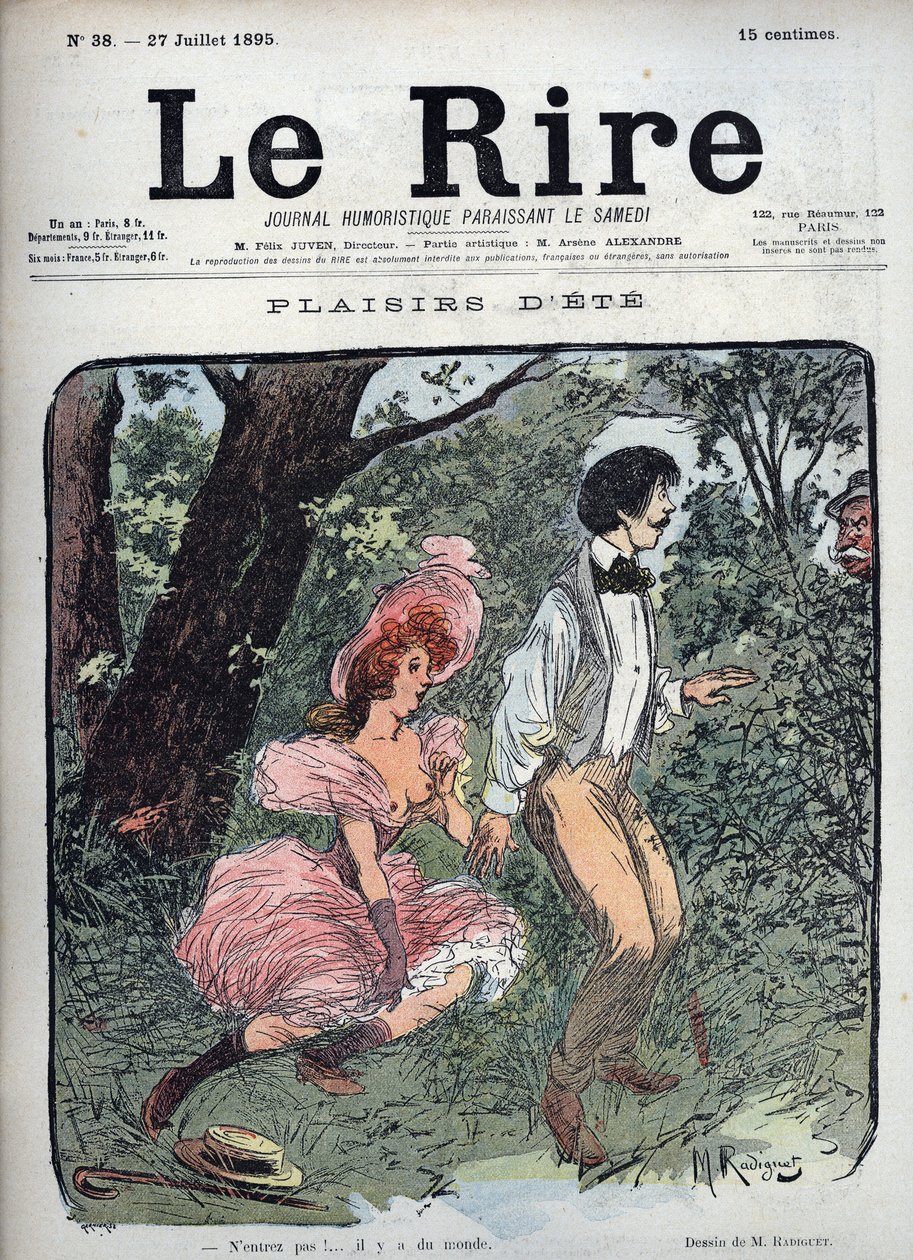 Placeres de verano - Dos amantes son sorprendidos en un bosque por un transeúnte - Ilustración de Maurice Radiguet (1866-1941) para la revista francesa “Le Rire” número 38 de 1895 de Maurice Radiguet