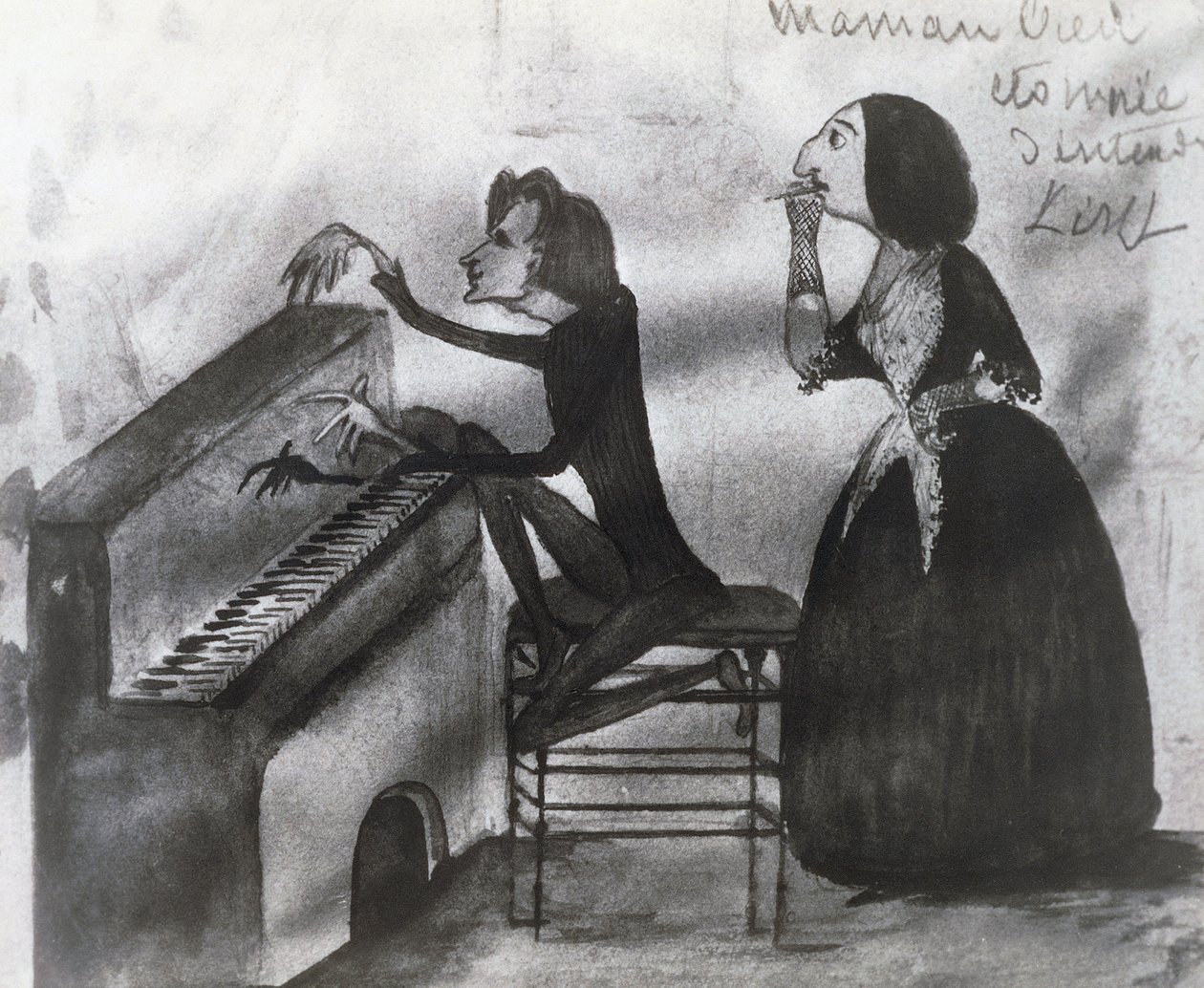 Caricatura de Franz Liszt y George Sand en Nohant en 1832 de Maurice Sand