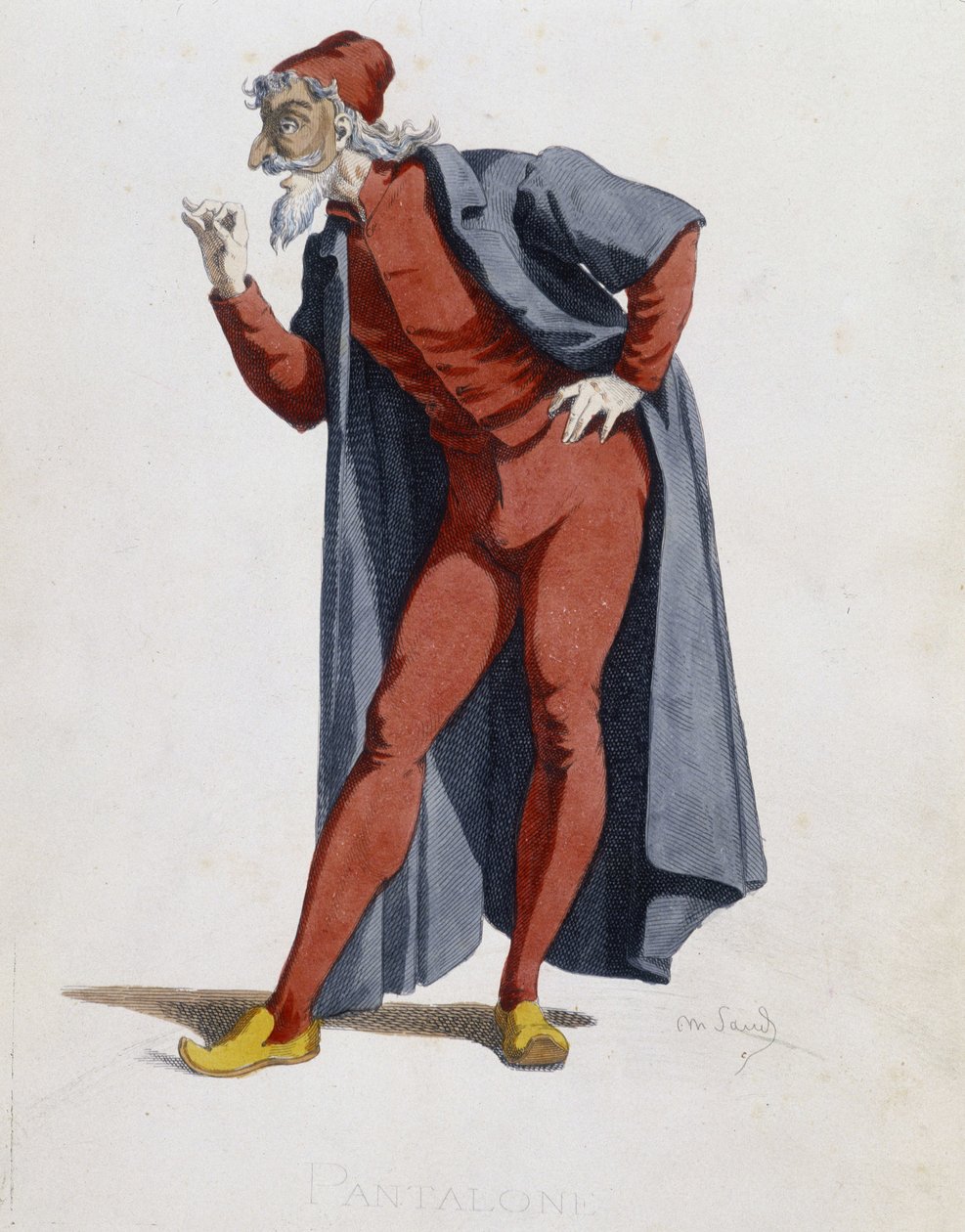 Traje y personaje teatral: Pantalone (Pantalones, doctor) de “Masques et bouffons” (Comedia italiana), texto y dibujos de Maurice Sand, impresiones de A. Manceau, prefacio de Georges Sand, París, Michel Lévy Frères de Maurice Sand