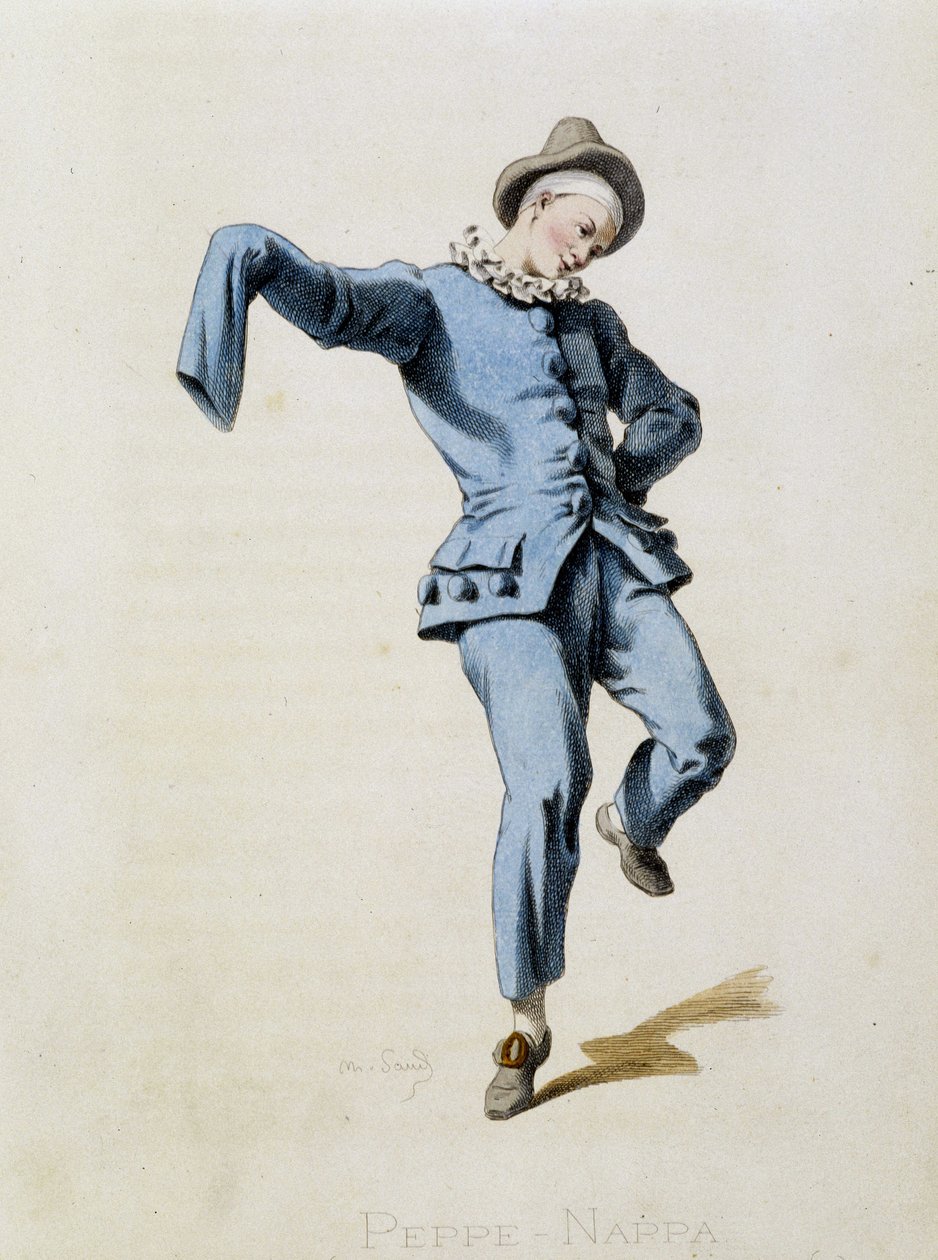 Peppe Nappa (Pierrot o Peppe-Nappa) de “Masques et bouffons” (Comedia italiana), texto y dibujos de Maurice Sand, impresiones de A. Manceau, prefacio de Georges Sand, París, Michel Lévy Frères de Maurice Sand
