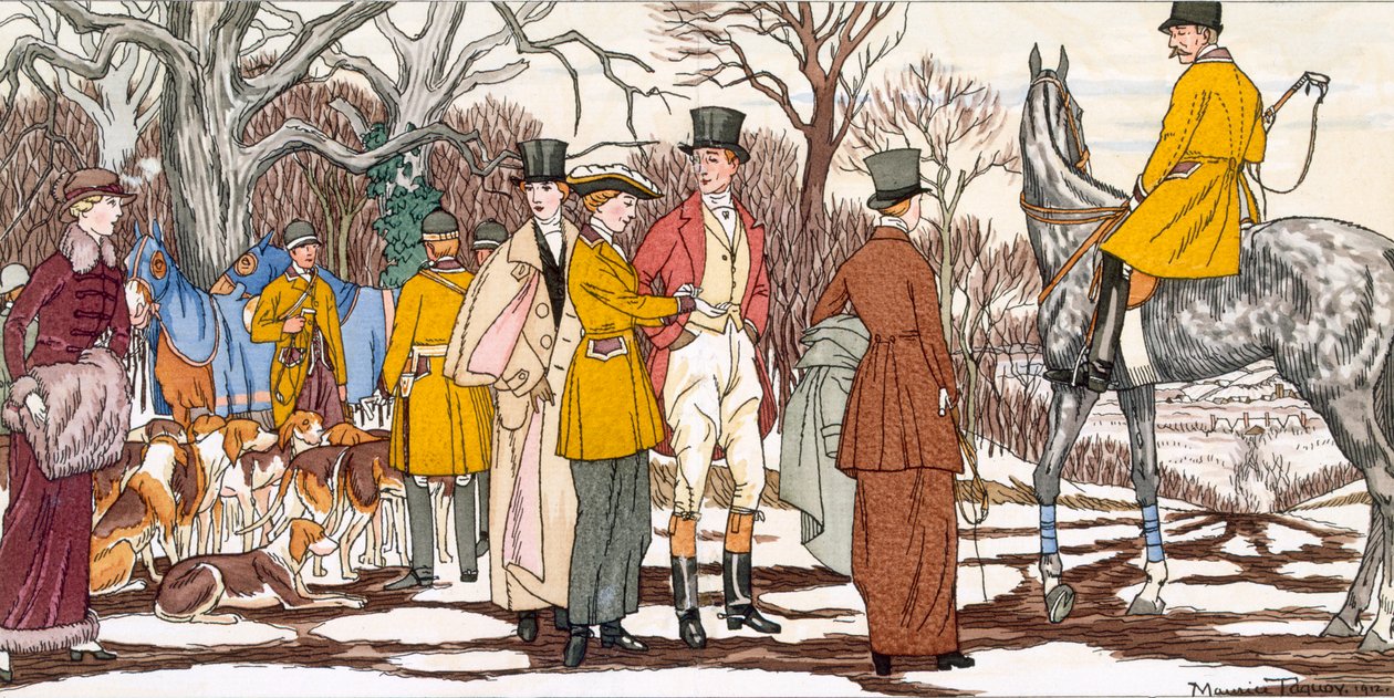 Antes de la caza, lámina III de la "Gazette du Bon Ton" nº 3 de Maurice Taquoy