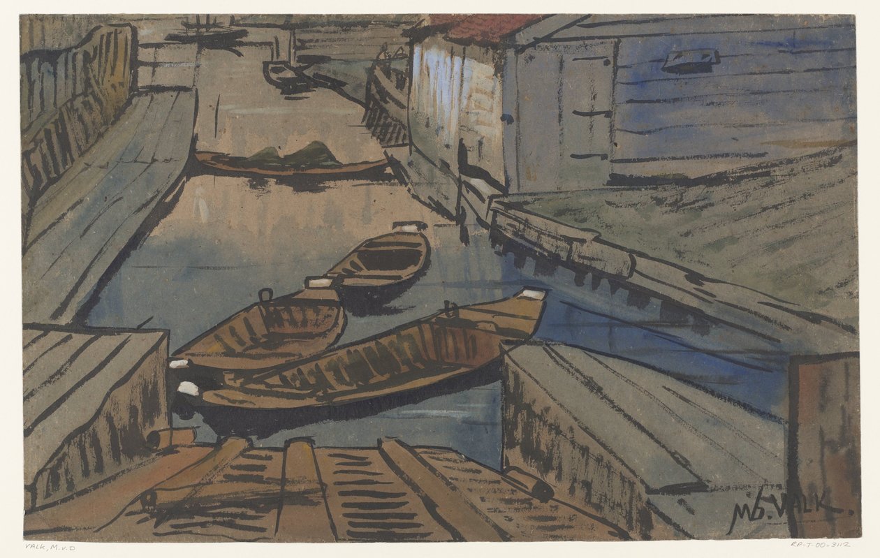 Barcos en una zanja entre graneros de Maurits van der Valk