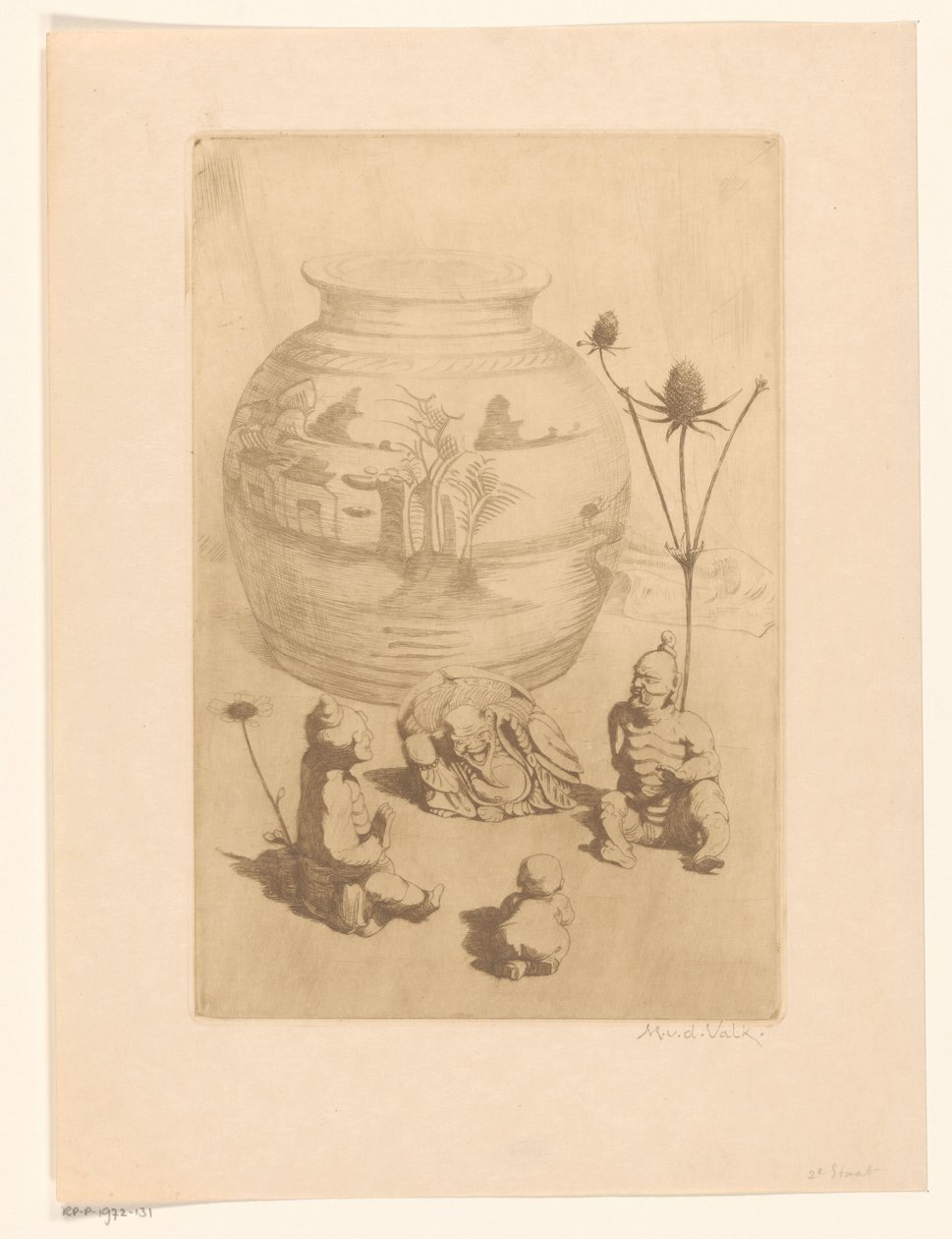 Jarrón chino con cuatro pequeñas estatuas de Maurits van der Valk