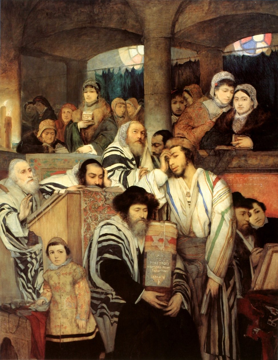 Judíos rezando en la sinagoga en Yom Kippur de Maurycy Gottlieb