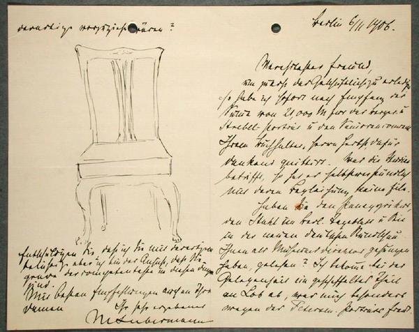 Notas del artista y boceto de una silla de Max Liebermann