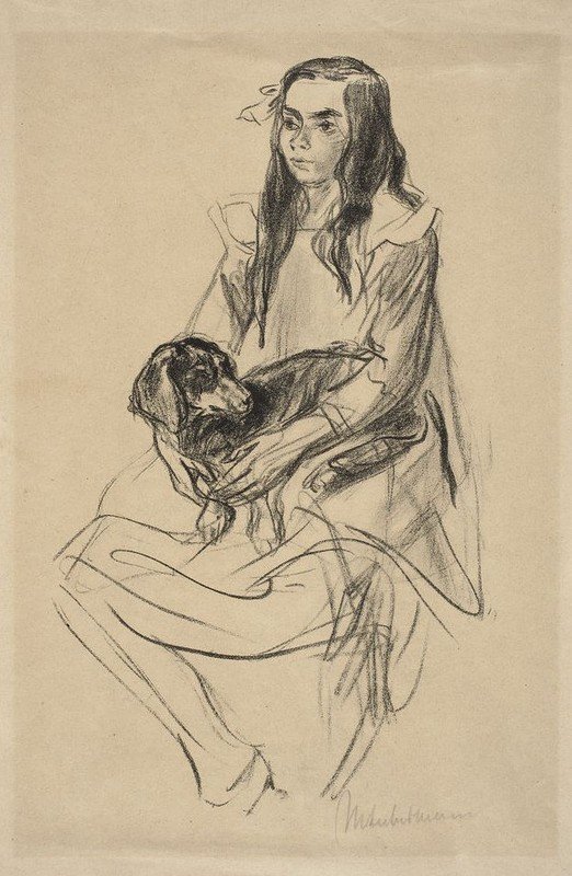 Niña sentada con teckel de Max Liebermann