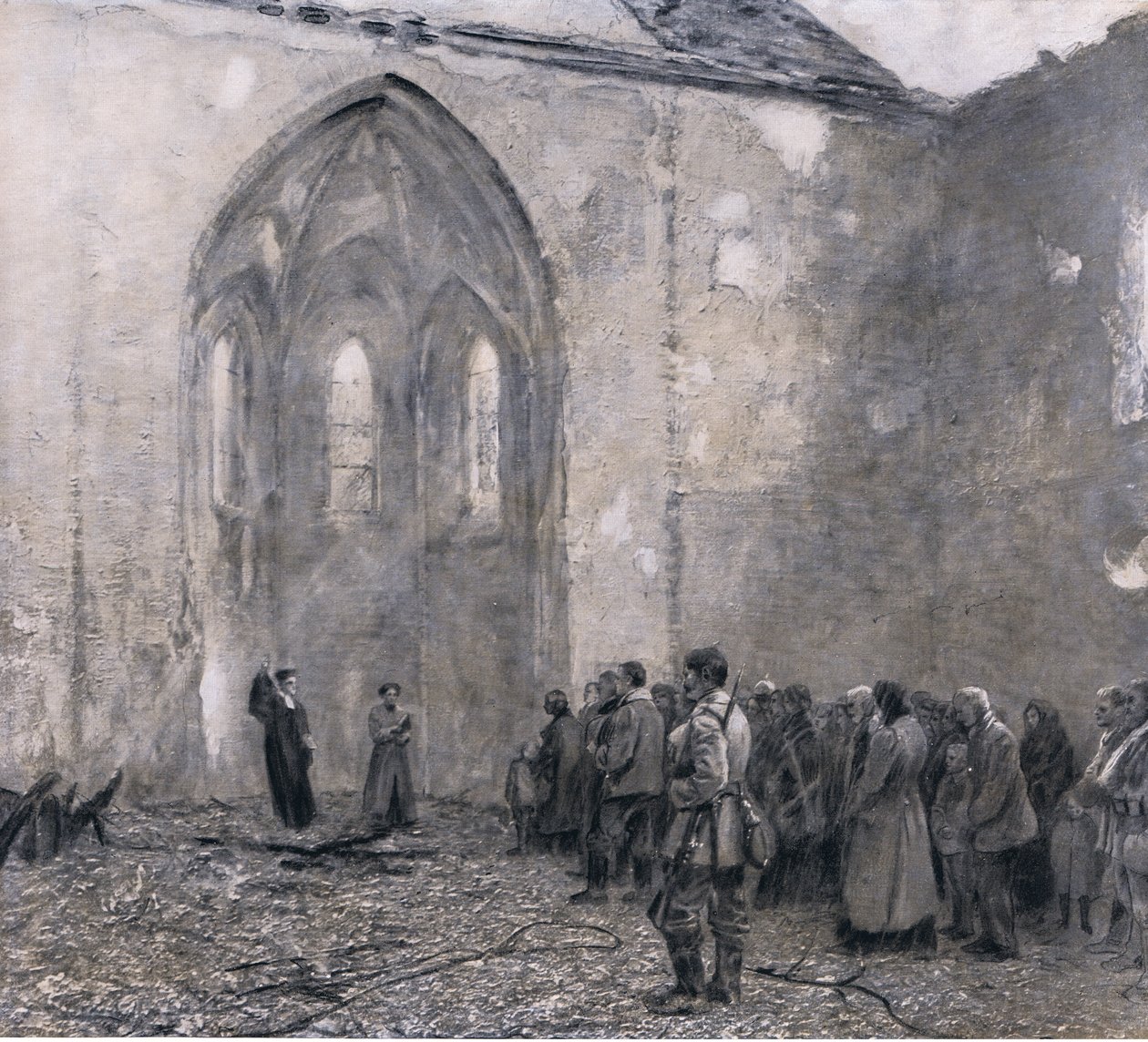Prusia Oriental después de los "días de terror" rusos. El primer servicio en la iglesia devastada en Luck, ilustración de Hindenburg publicada por Daterlandischer Derlag C U Weller Berlín, 1922 de Max Rabes