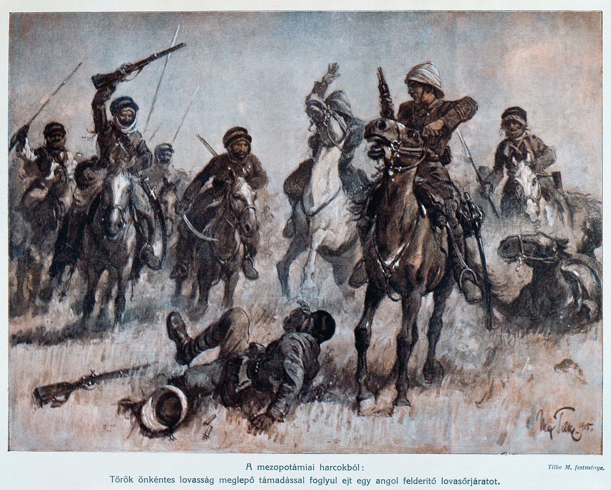 Batalla entre tropas inglesas y turcas en Mesopotamia, c.1915 de Max Tilke