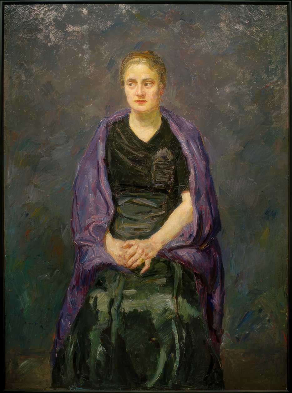 Retrato de Minna Beckmann-Tube con bufanda violeta de Max Beckmann