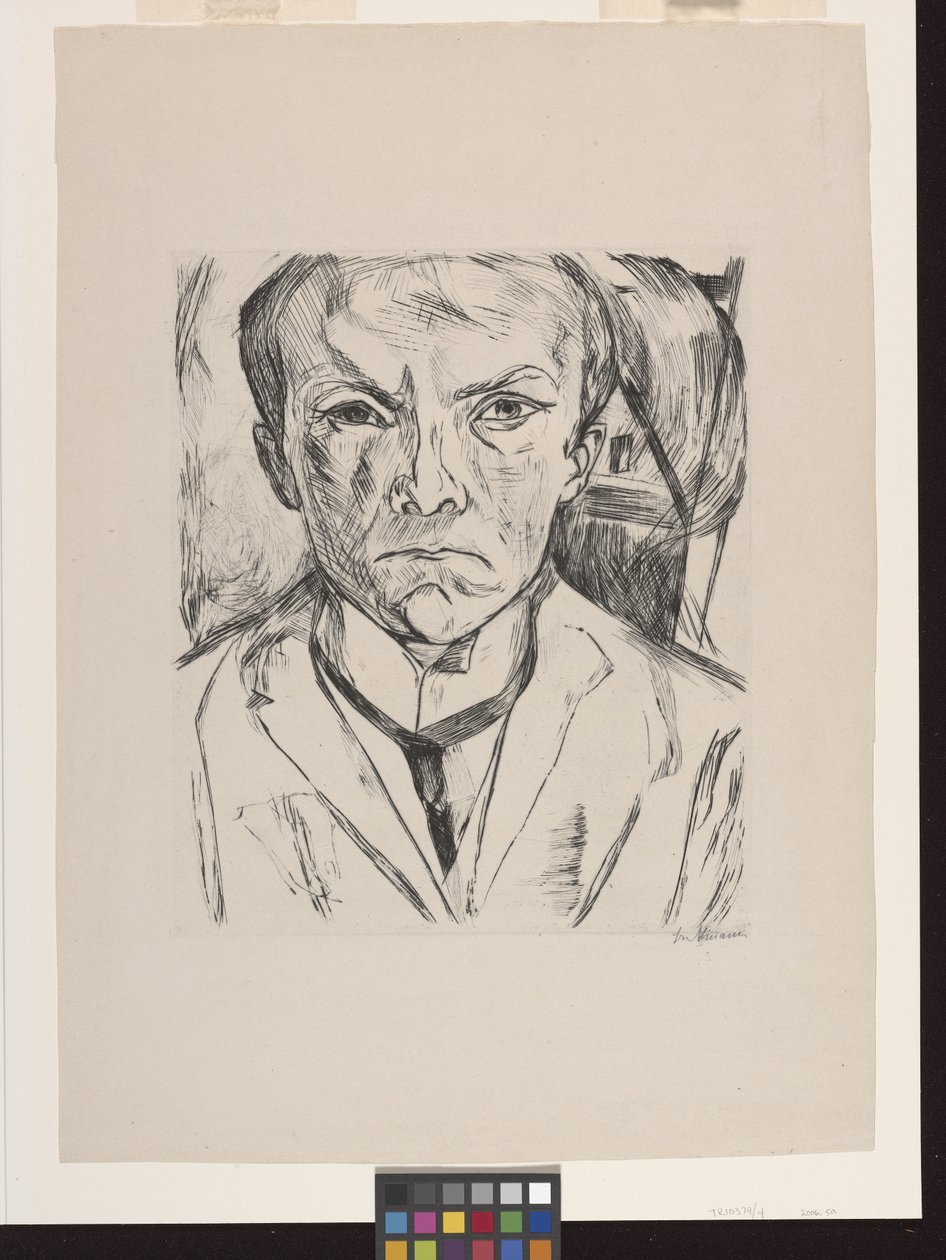 Autorretrato frontal con frontón de casa de fondo de Max Beckmann