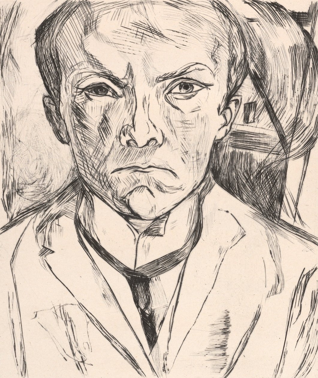 Autorretrato frontal con hastial de una casa al fondo de Max Beckmann
