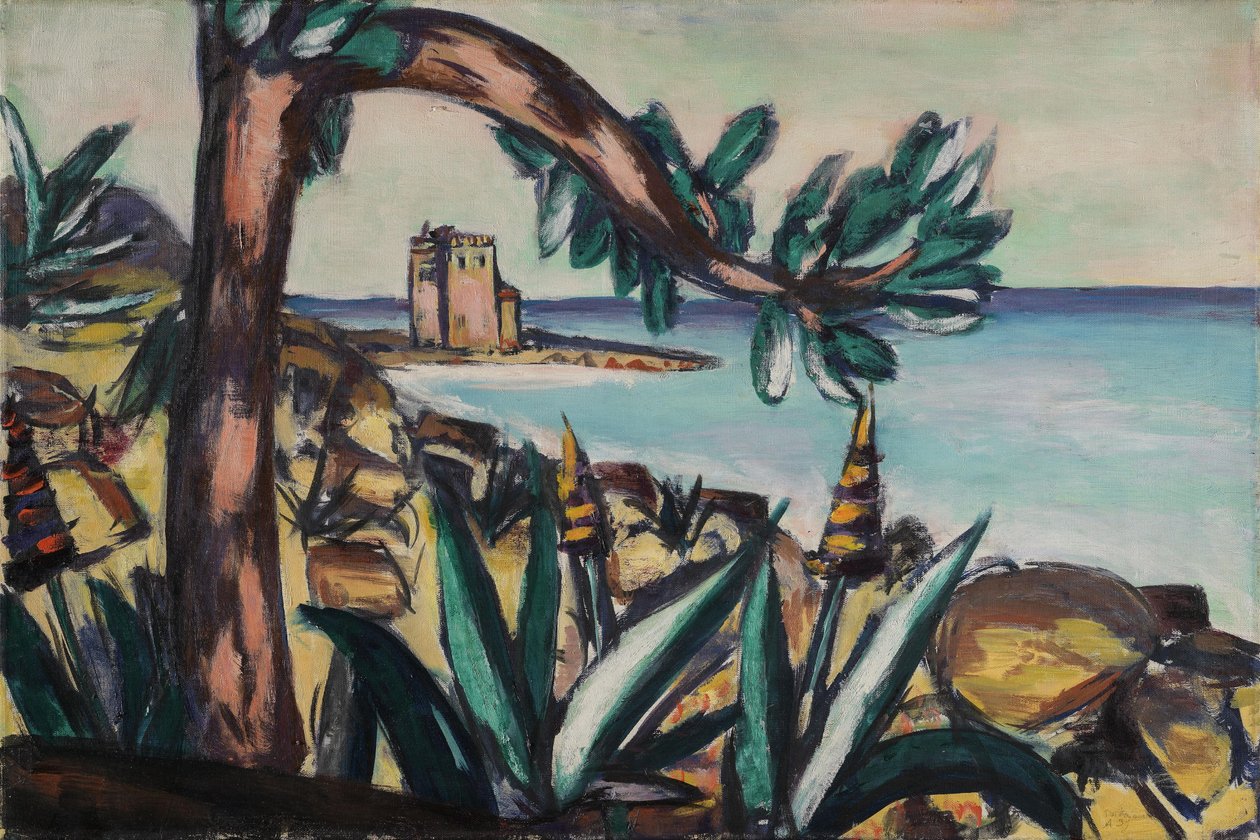 Paisaje costero con agaves y un antiguo castillo de Max Beckmann