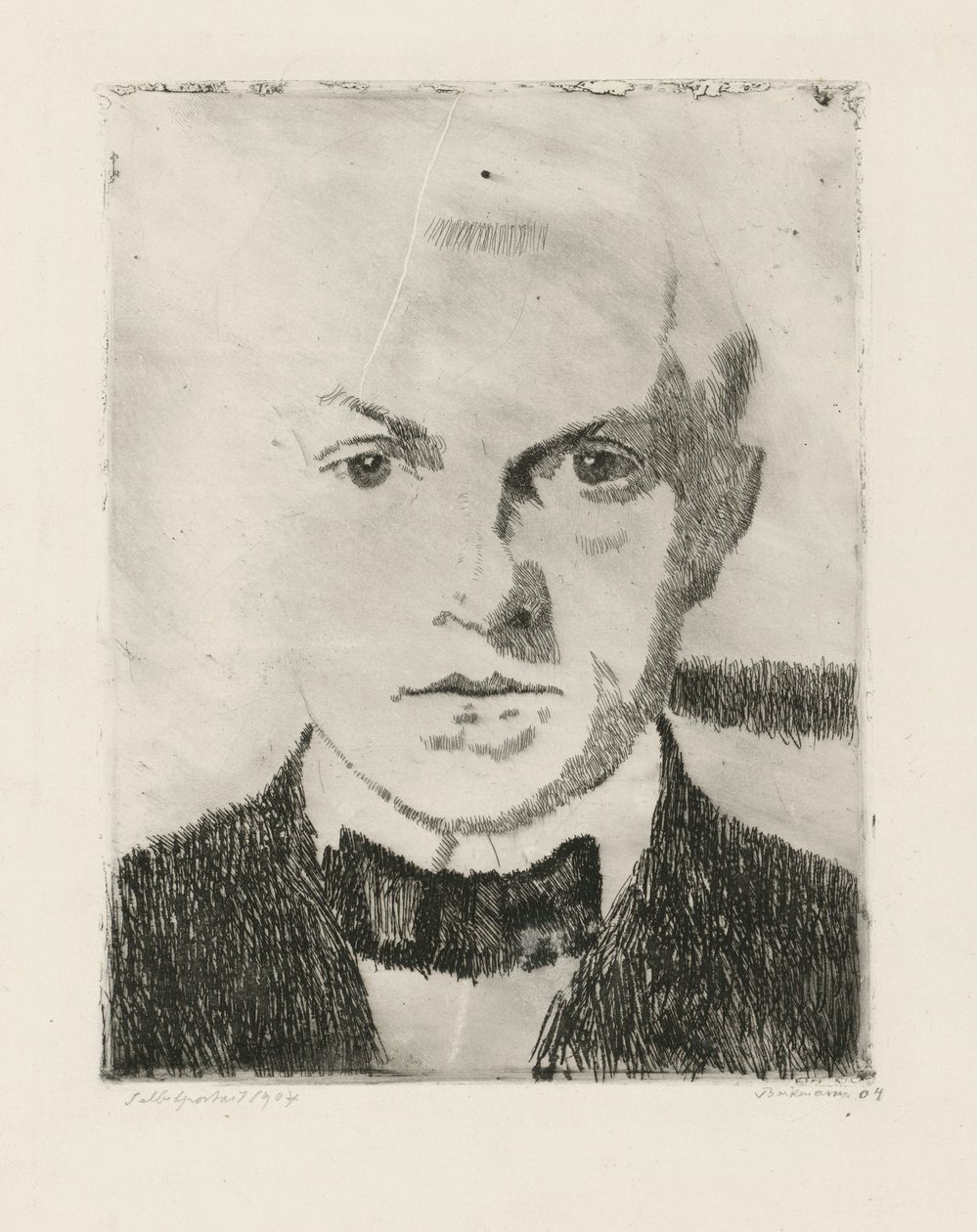 Autorretrato (reverso: primera impresión del grabado a punta seca «Pareja de enamorados» de 1916, Hofmaier 88 I) de Max Beckmann