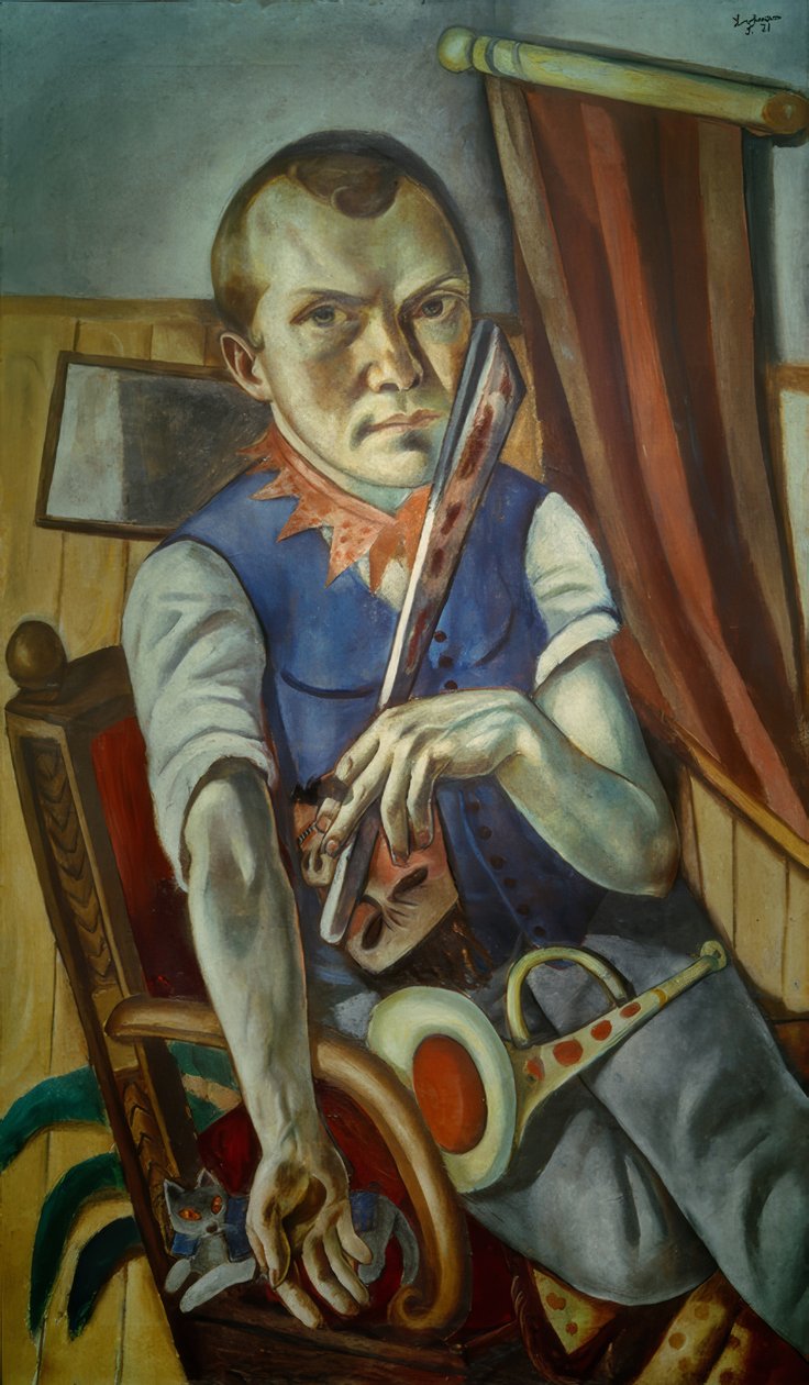 Autorretrato con camilla y trompeta (Autorretrato como payaso) de Max Beckmann