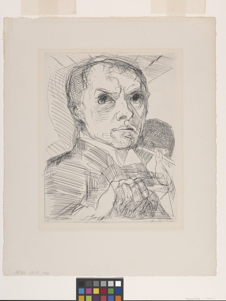 Autorretrato con lápiz óptico (Selbstbildnis Mit Griffel) (punta seca sobre papel verjurado en blanco hueso) de Max Beckmann