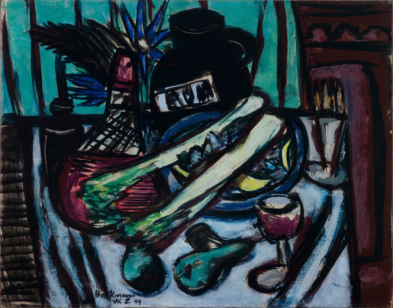 Bodegón con botella de Chianti y apio de Max Beckmann